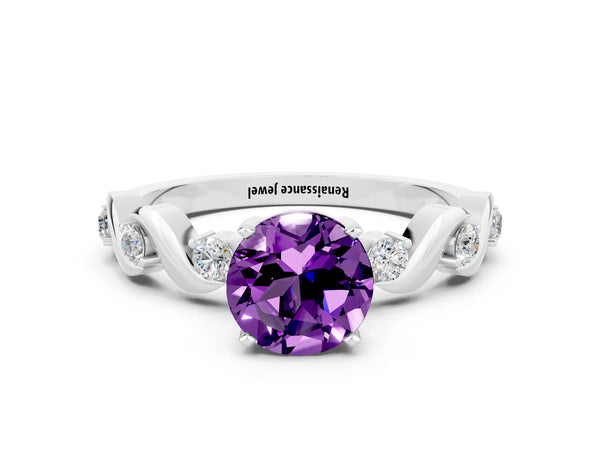 White gold Round Cut Amethyst Solitaire Twisted Band with Round  Accents and Prong Setting