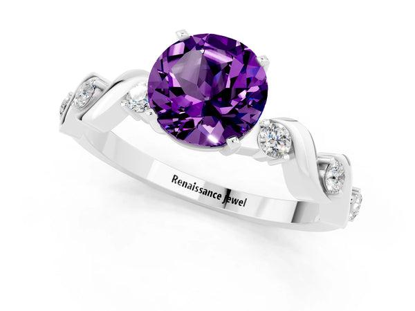 Silver Round Cut Amethyst Solitaire Twisted Band with Round  Accents and Prong Setting