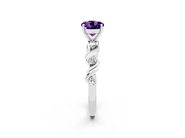 White gold Round Cut Amethyst Solitaire Twisted Band with Round  Accents and Prong Setting