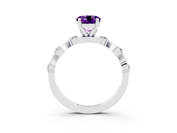Silver Round Cut Amethyst Solitaire Twisted Band with Round  Accents and Prong Setting