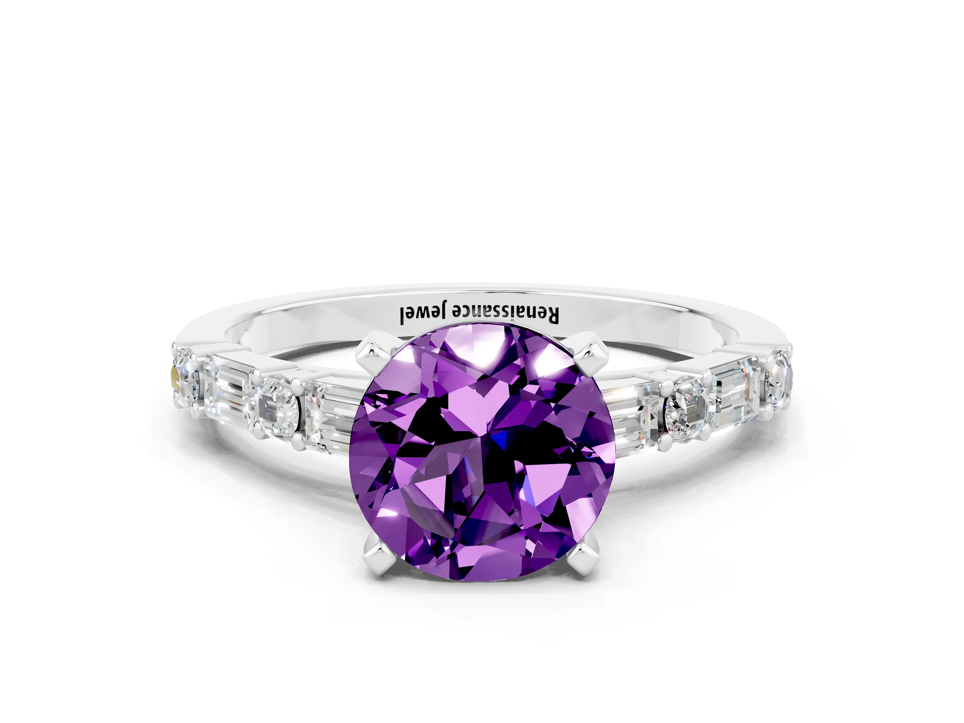 White gold Round Cut Amethyst Solitaire with Side Baguettes and Channel Set Band