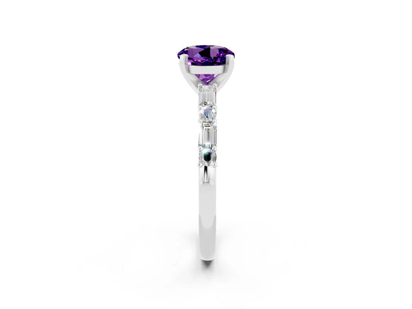 White gold Round Cut Amethyst Solitaire with Side Baguettes and Channel Set Band