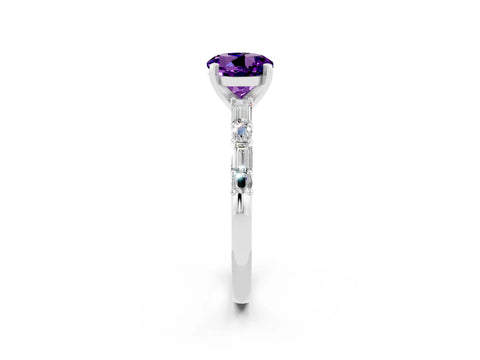 White gold Round Cut Amethyst Solitaire with Side Baguettes and Channel Set Band_2