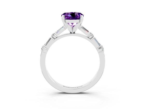 Platinum Round Cut Amethyst Solitaire with Side Baguettes and Channel Set Band