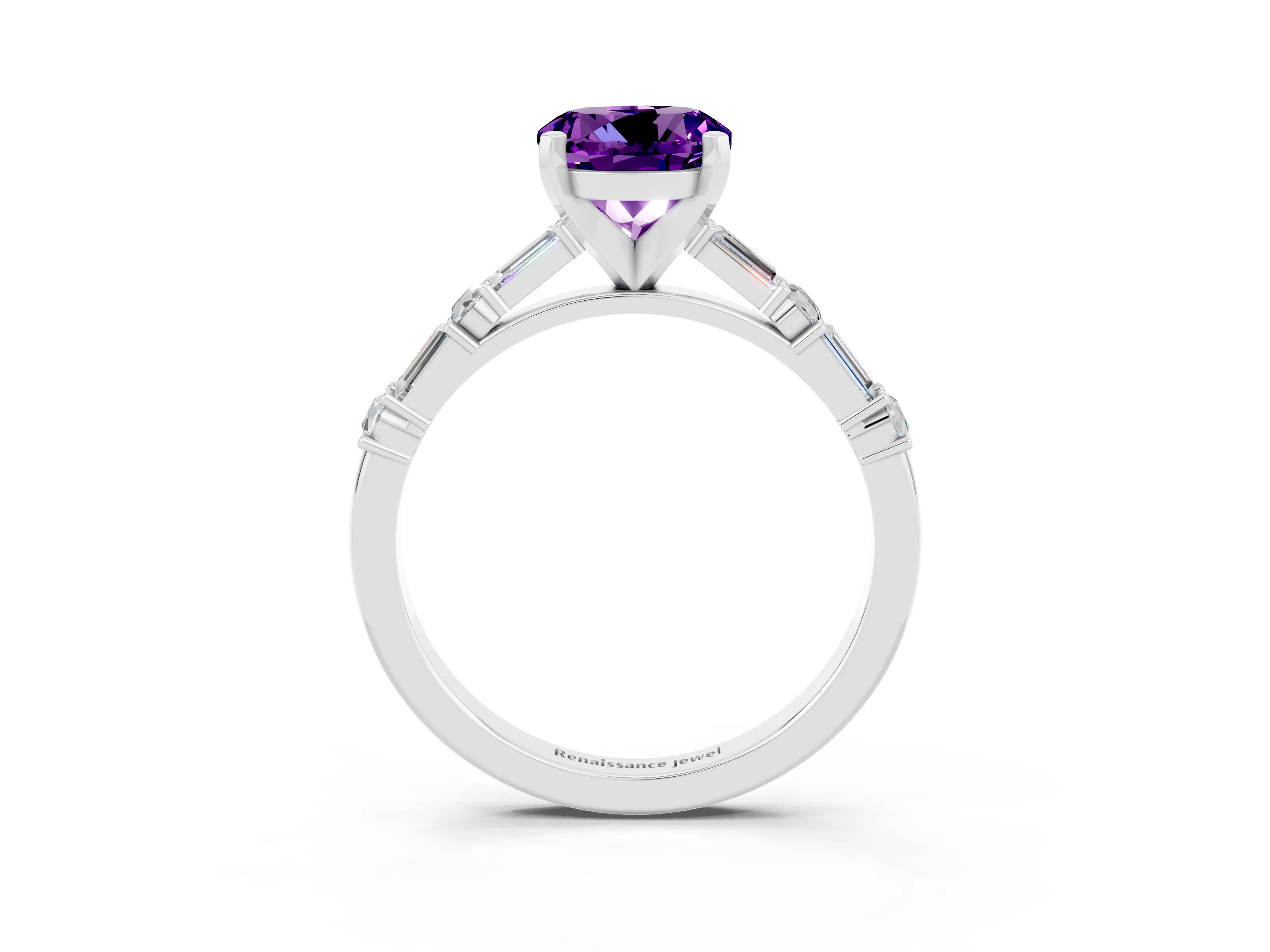 White gold Round Cut Amethyst Solitaire with Side Baguettes and Channel Set Band_3
