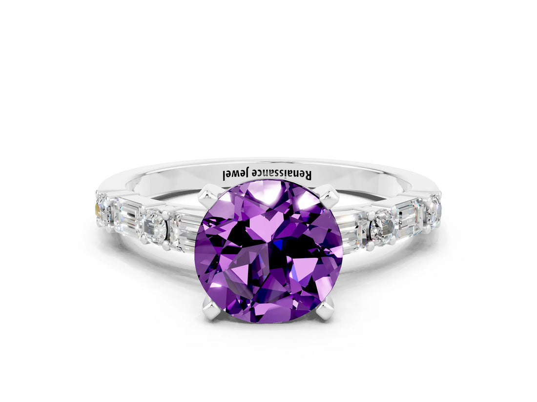 White gold Round Cut Amethyst Solitaire with Side Baguettes and Channel Set Band