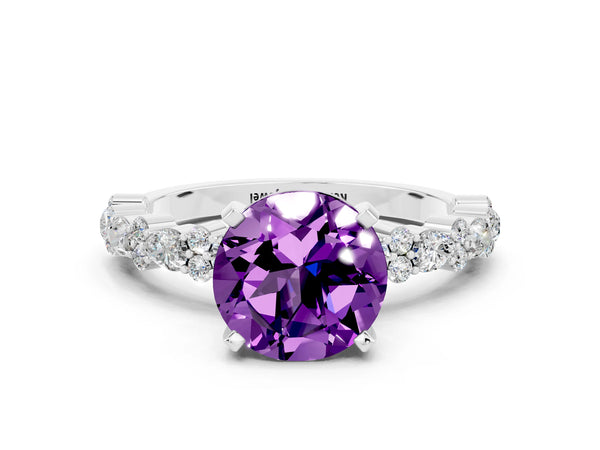 Platinum Round Cut Amethyst Side Stone Solitaire Ring with Round  and Four-Prong Setting