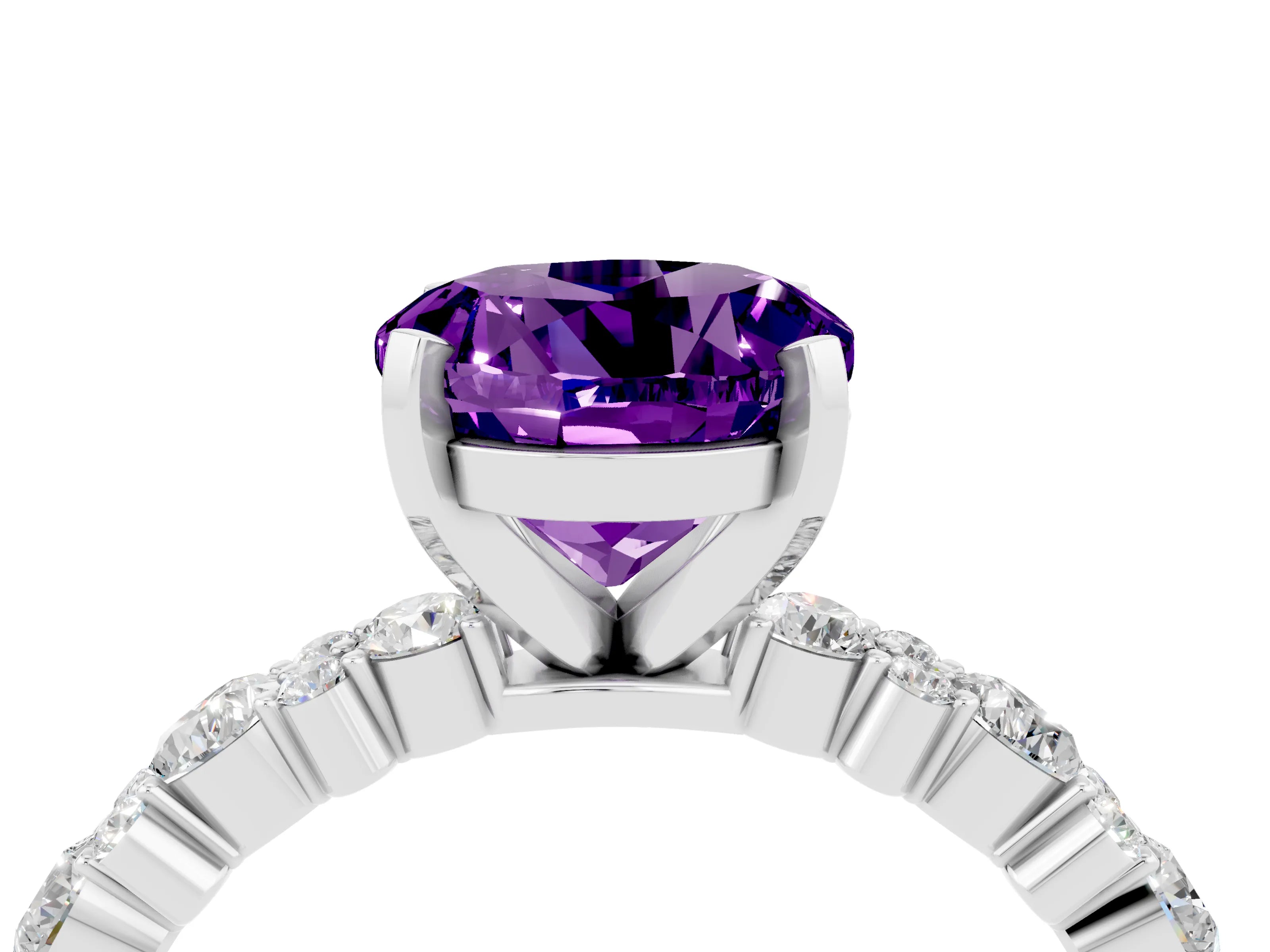 White gold Round Cut Amethyst Solitaire with Side Stones, Pave Band, Four-Prong Setting_40