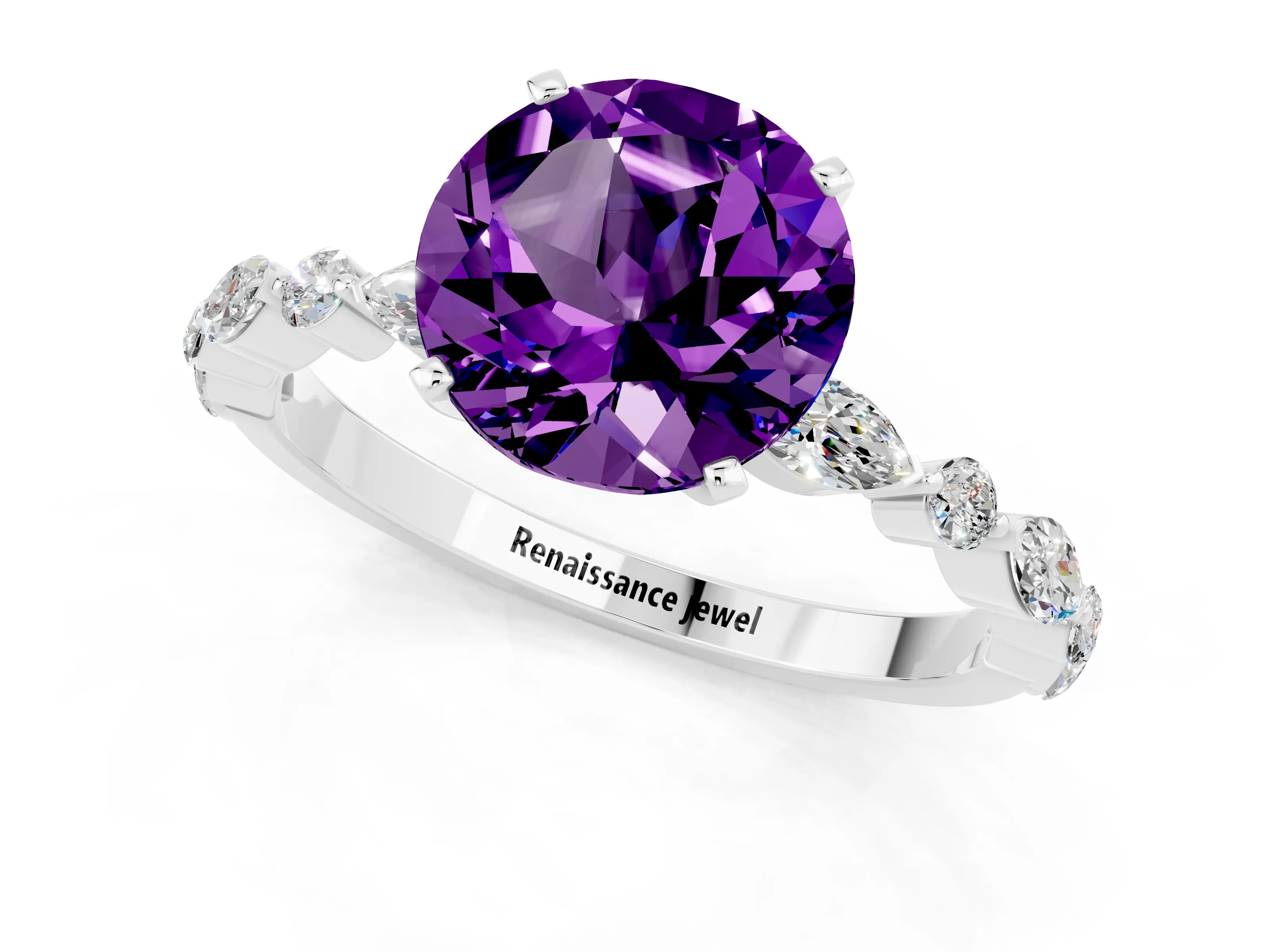 White gold Round Cut Amethyst Solitaire with Side Stones on a Pavé Band and Four-Prong Setting_1