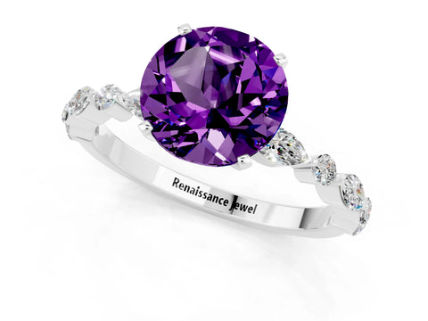 White gold Round Cut Amethyst Solitaire with Side Stones on a Pavé Band and Four-Prong Setting_1