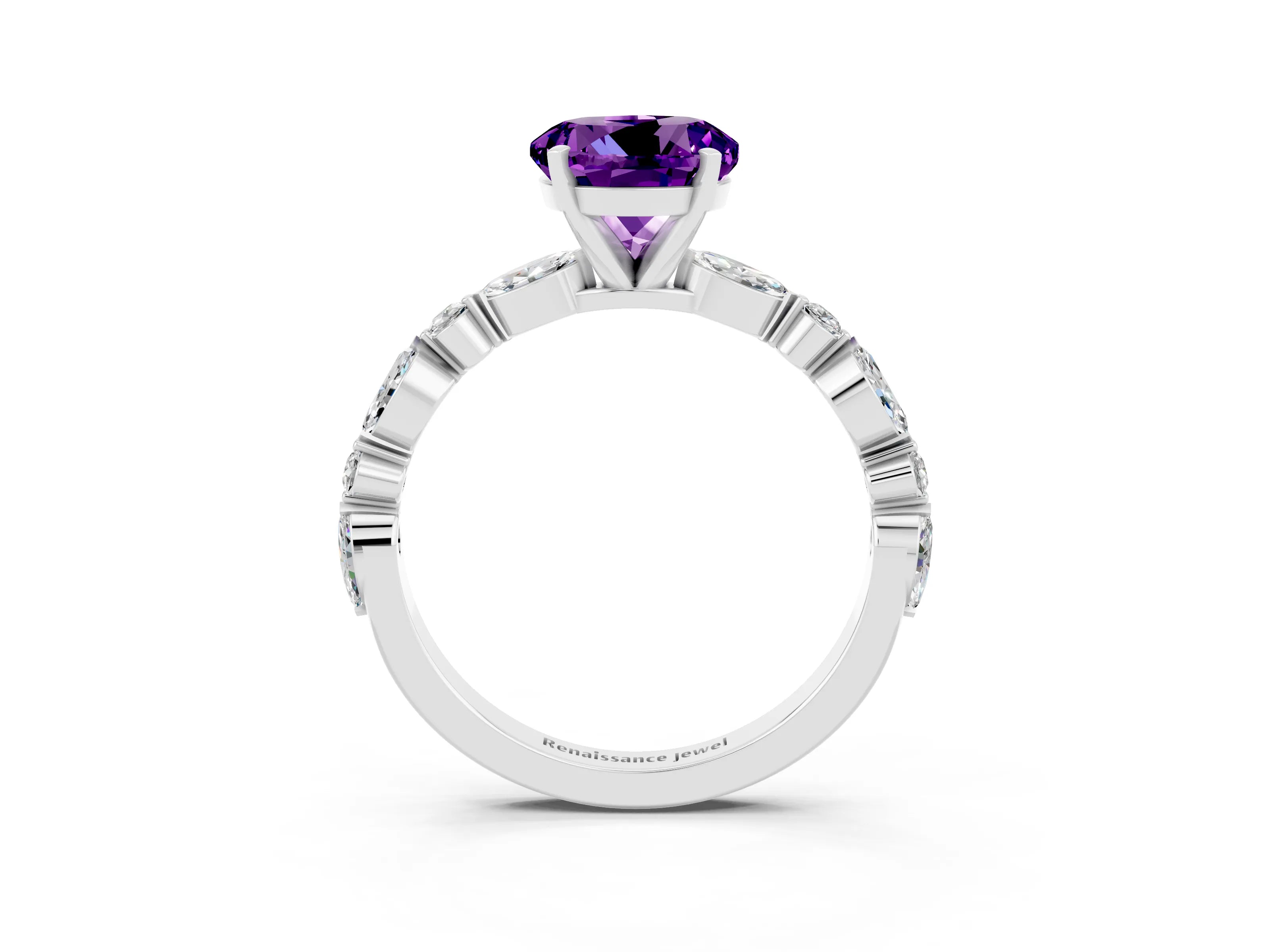 White gold Round Cut Amethyst Solitaire with Side Stones on a Pavé Band and Four-Prong Setting_3