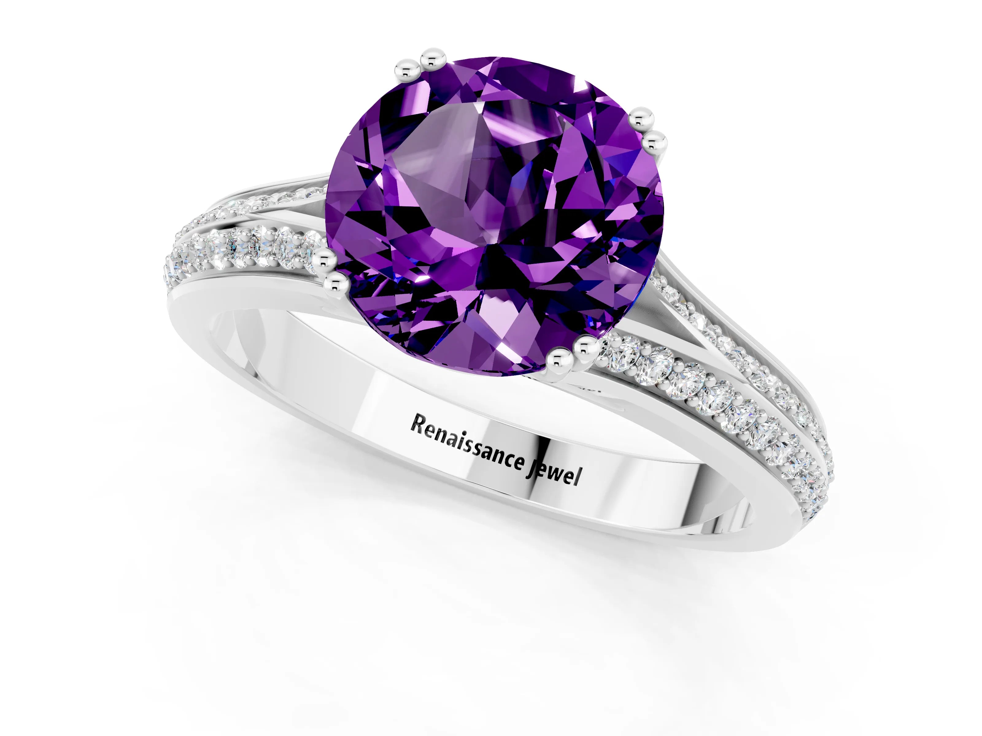 White gold Round Cut Amethyst Split Shank Engagement Ring with Pavé Band_1