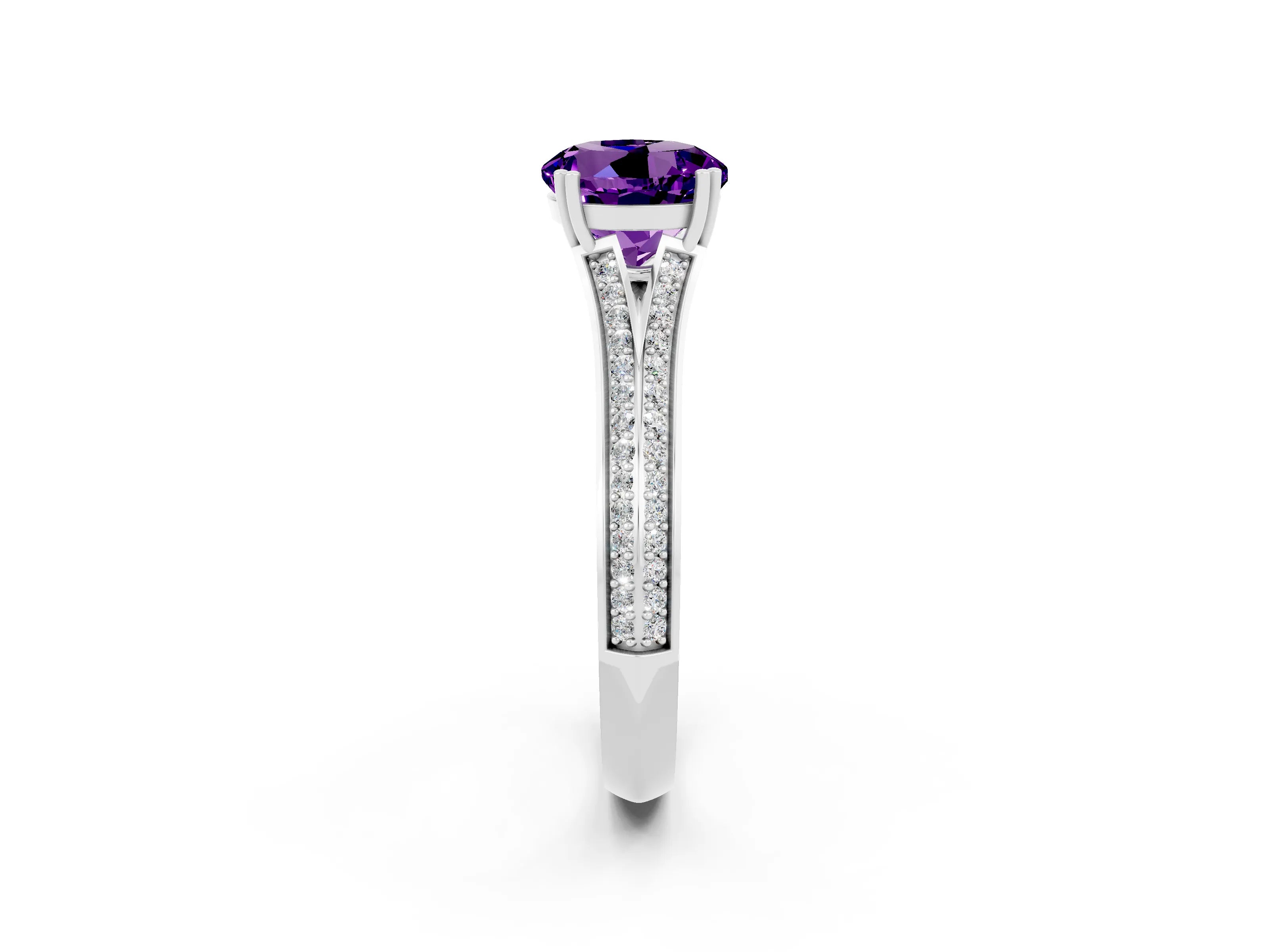 White gold Round Cut Amethyst Split Shank Engagement Ring with Pavé Band_2