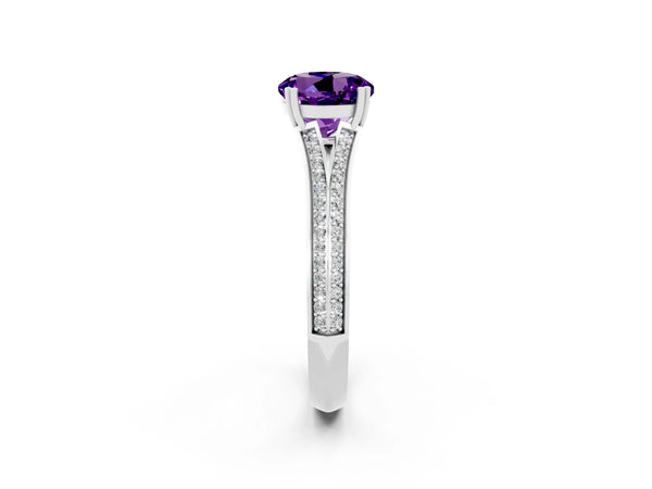 Silver Round Cut Amethyst Split Shank Engagement Ring with Pavé Band
