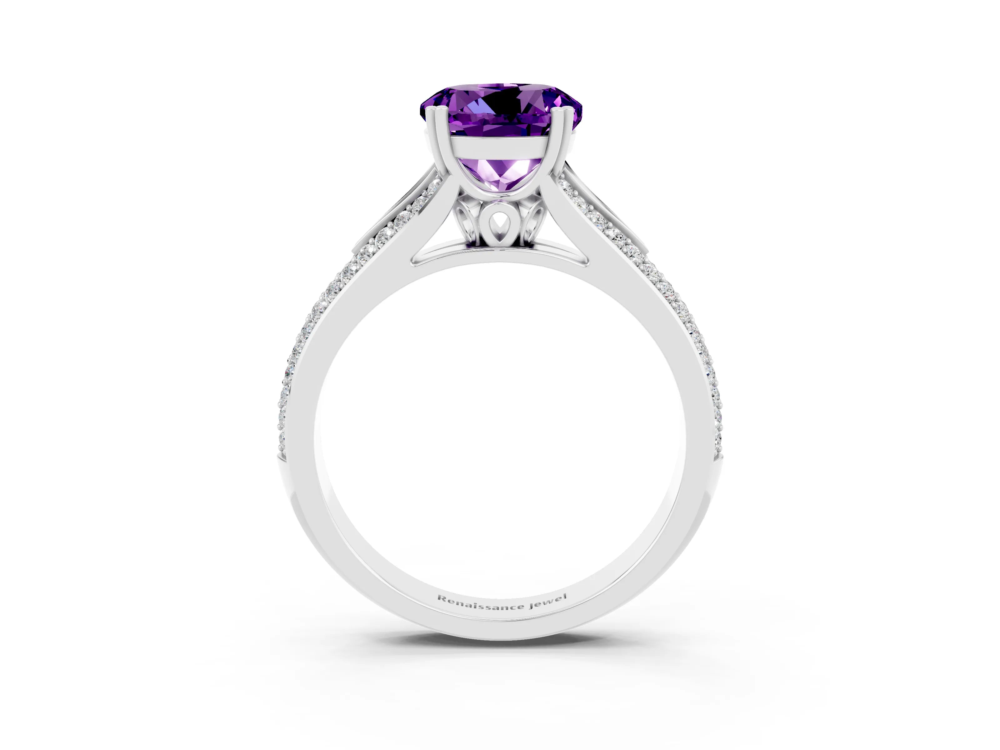 White gold Round Cut Amethyst Split Shank Engagement Ring with Pavé Band_3