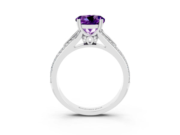 Platinum Round Cut Amethyst Split Shank Engagement Ring with Pavé Band
