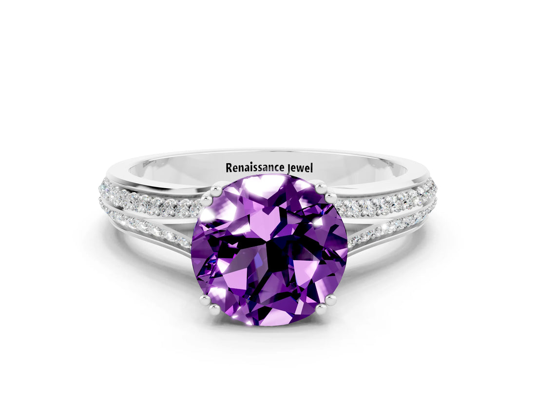 White gold Round Cut Amethyst Split Shank Engagement Ring with Pavé Band