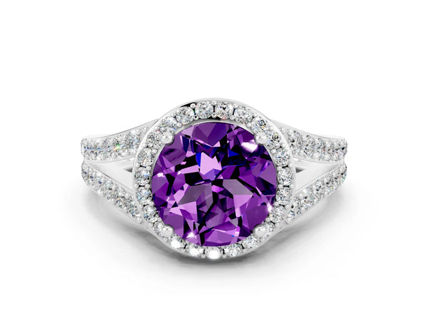 Platinum Round Cut Amethyst Split Shank Halo Ring with Four-Prong Setting