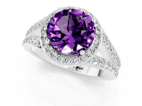 White gold Round Cut Amethyst Split Shank Halo Ring with Four-Prong Setting_13