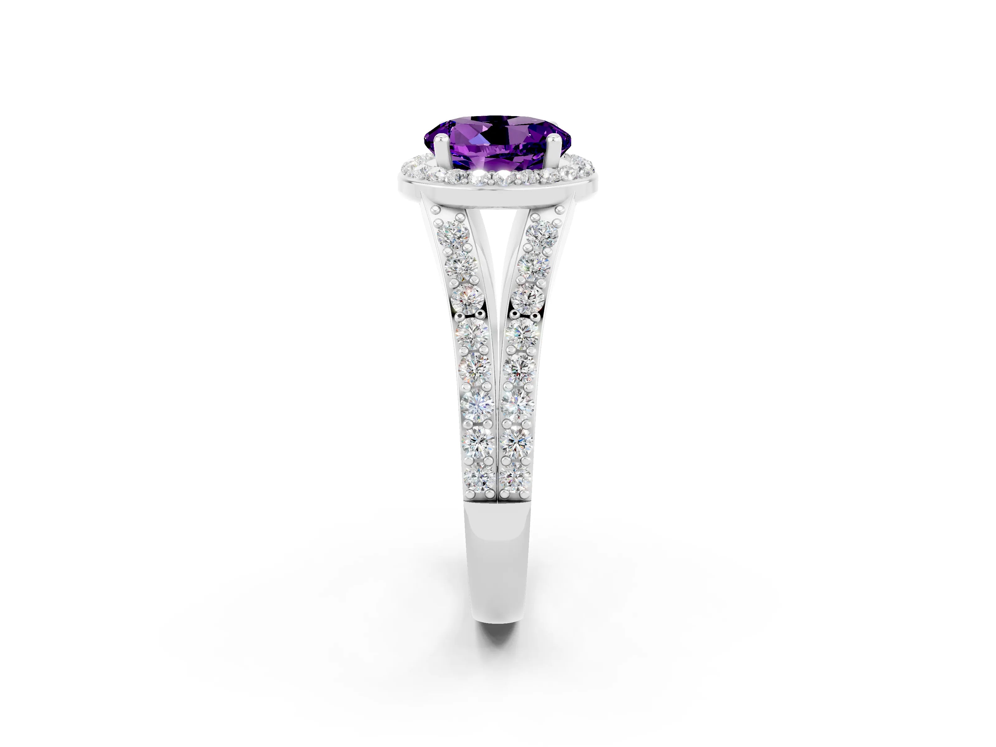 White gold Round Cut Amethyst Split Shank Halo Ring with Four-Prong Setting_14