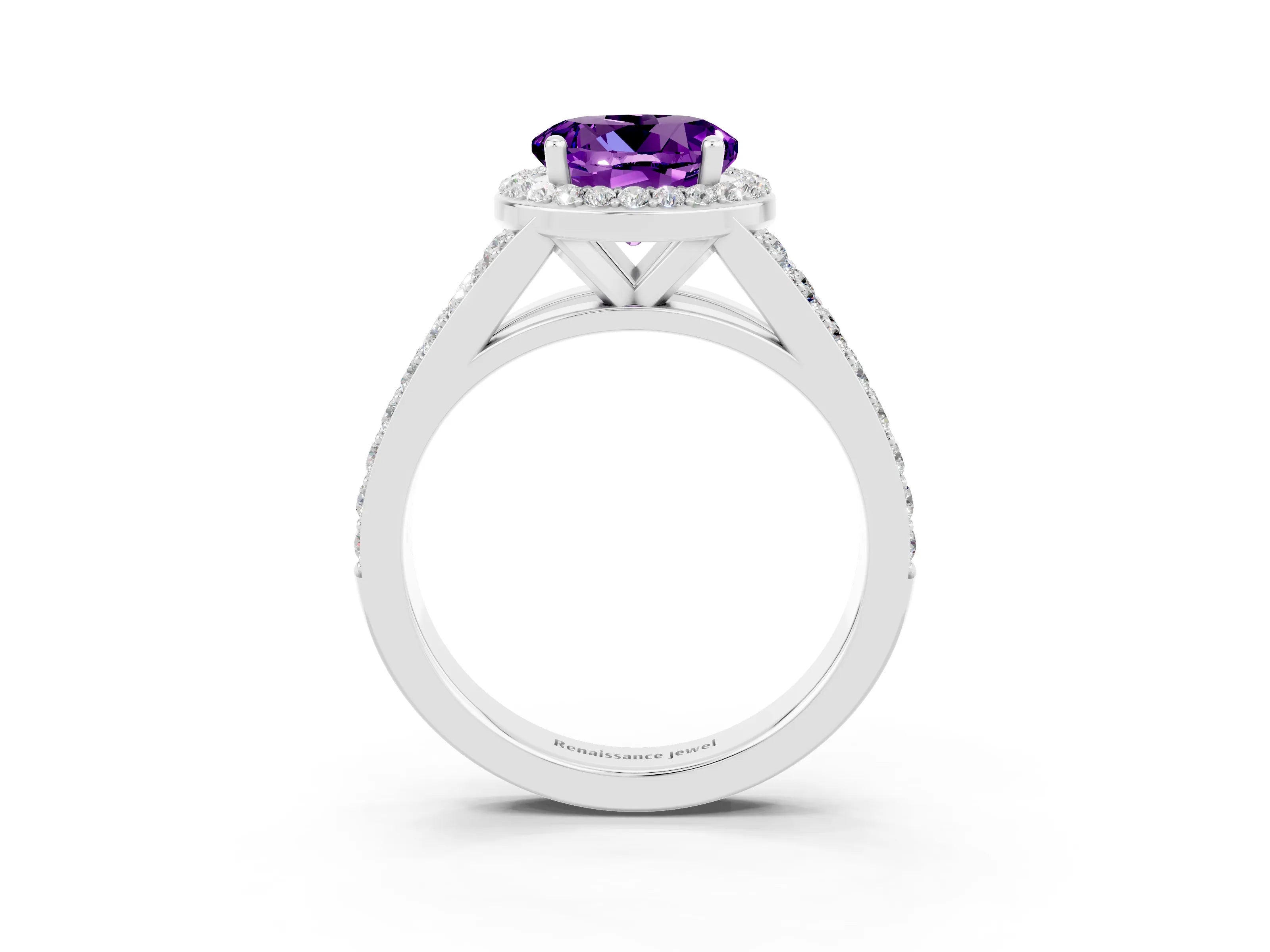 White gold Round Cut Amethyst Split Shank Halo Ring with Four-Prong Setting_15
