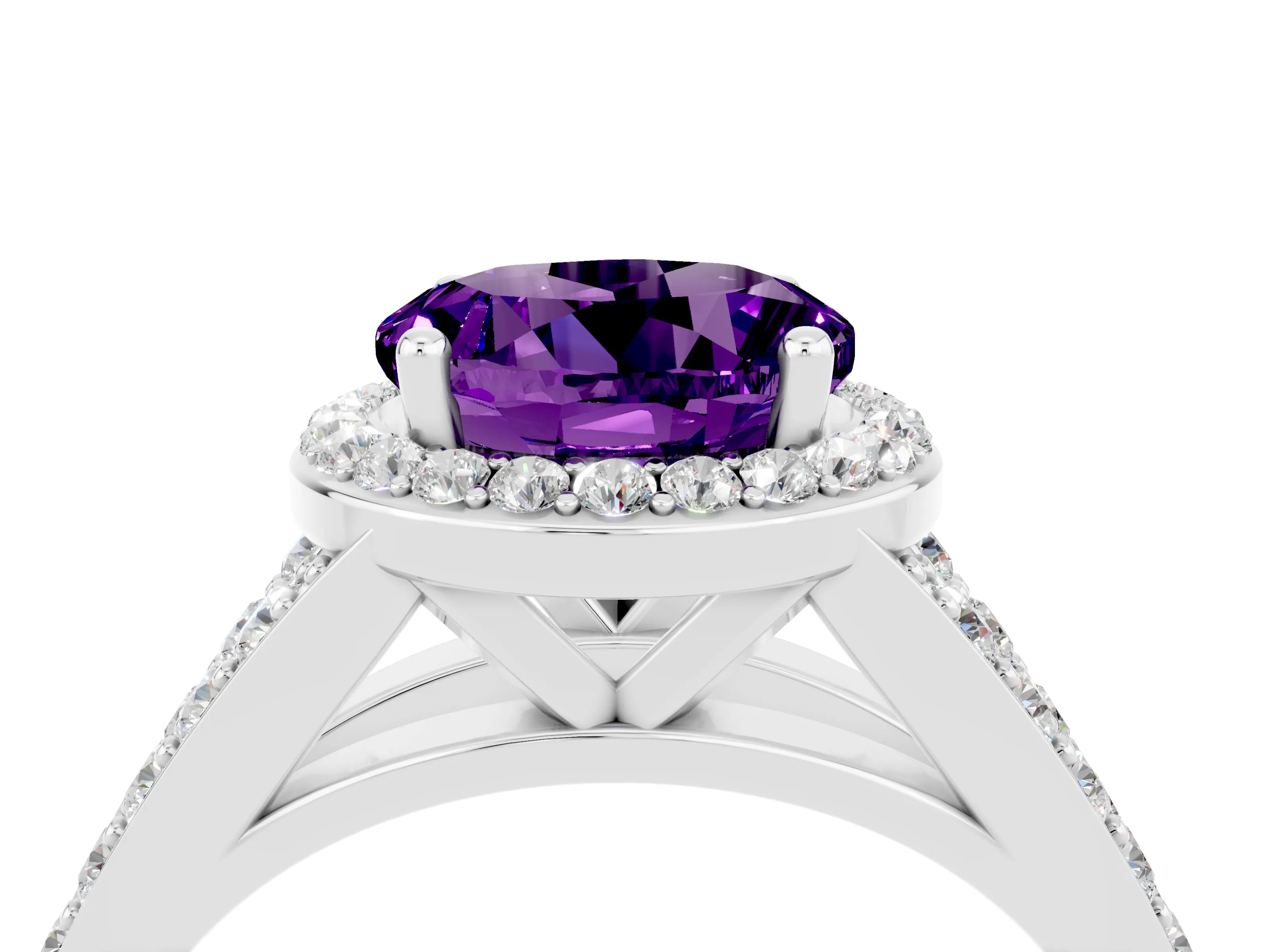 White gold Round Cut Amethyst Split Shank Halo Ring with Four-Prong Setting_16