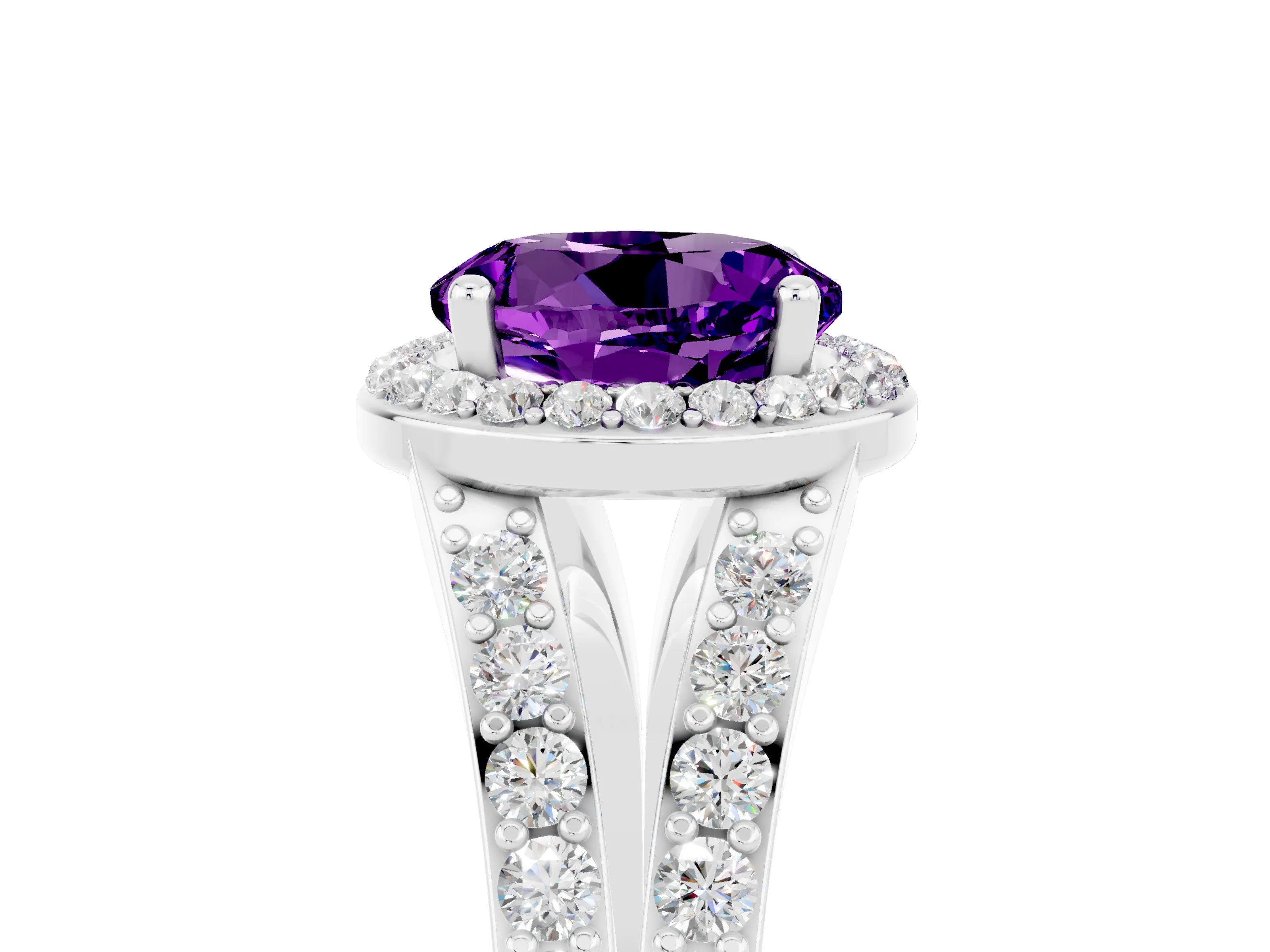 White gold Round Cut Amethyst Split Shank Halo Ring with Four-Prong Setting_17