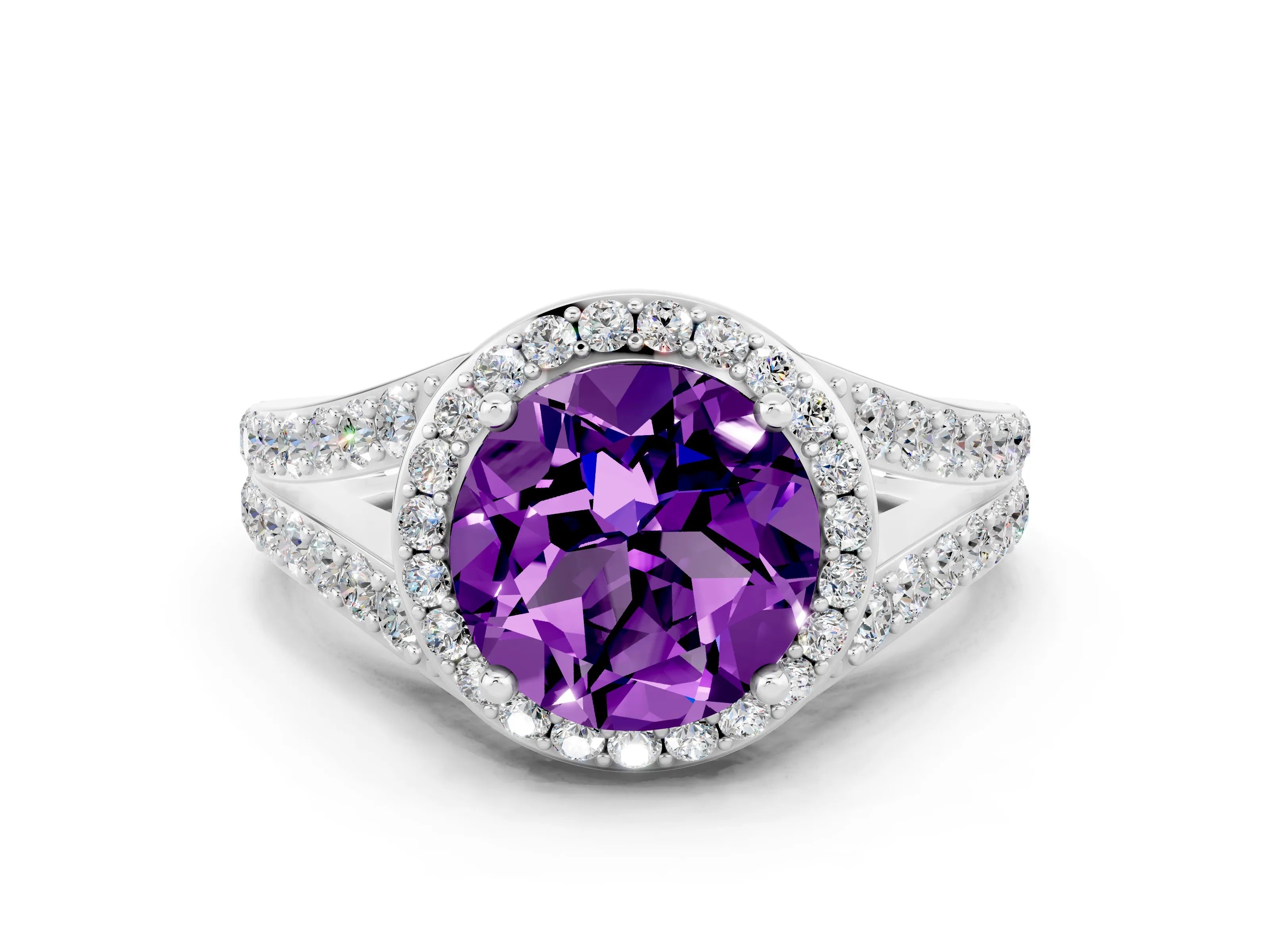 White gold Round Cut Amethyst Split Shank Halo Ring with Four-Prong Setting_24