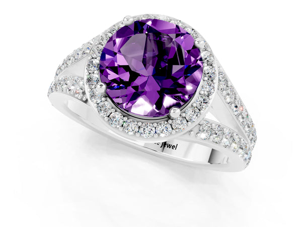 White gold Round Cut Amethyst Split Shank Halo Ring with Four-Prong Setting