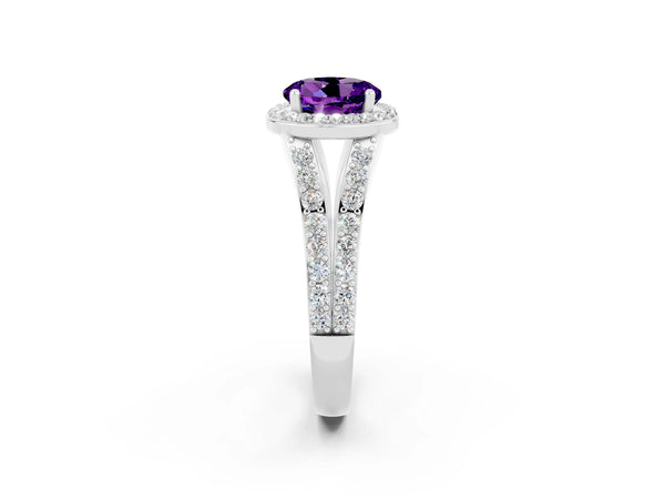 White gold Round Cut Amethyst Split Shank Halo Ring with Four-Prong Setting
