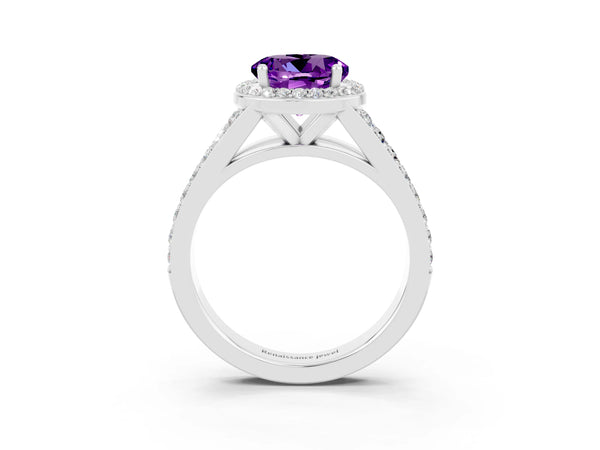 White gold Round Cut Amethyst Split Shank Halo Ring with Four-Prong Setting