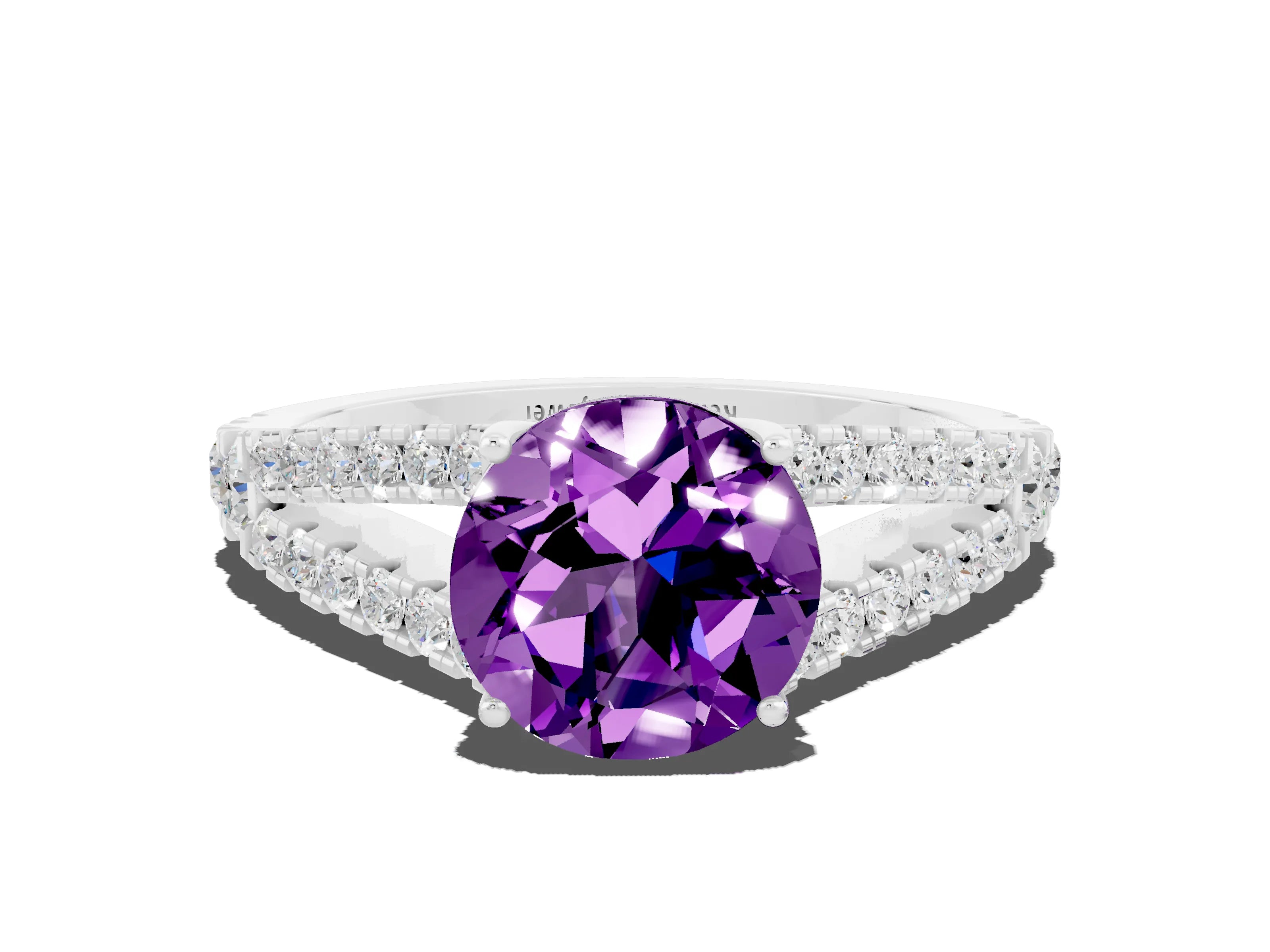 White gold Round Cut Amethyst Split Shank Pavé Engagement Ring with Four-Prong Setting_12