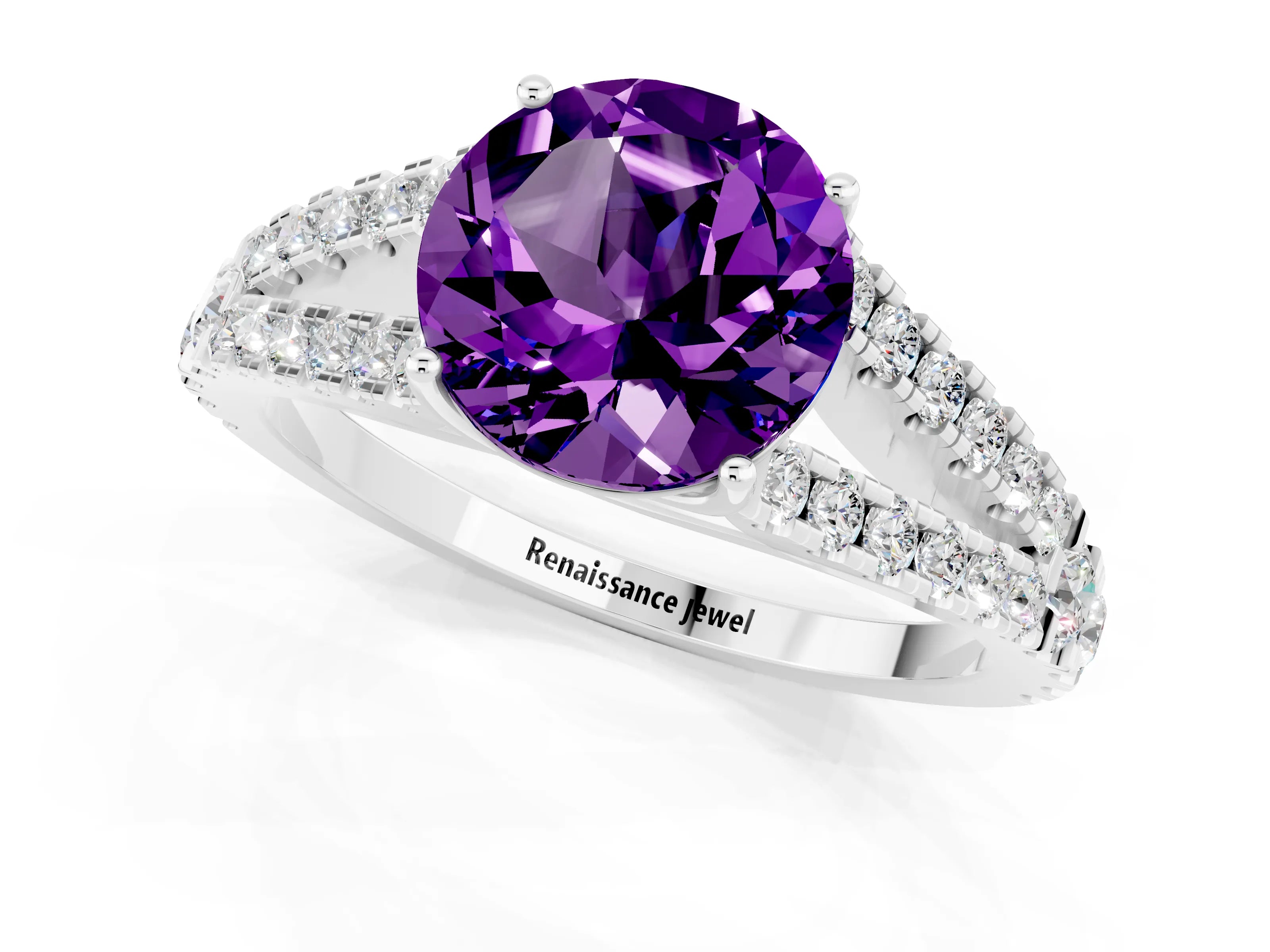 White gold Round Cut Amethyst Split Shank Pavé Engagement Ring with Four-Prong Setting_13