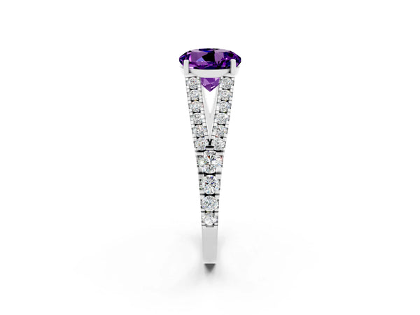 Platinum Round Amethyst Graduated Pave Split Shank Solitaire Engagement Ring