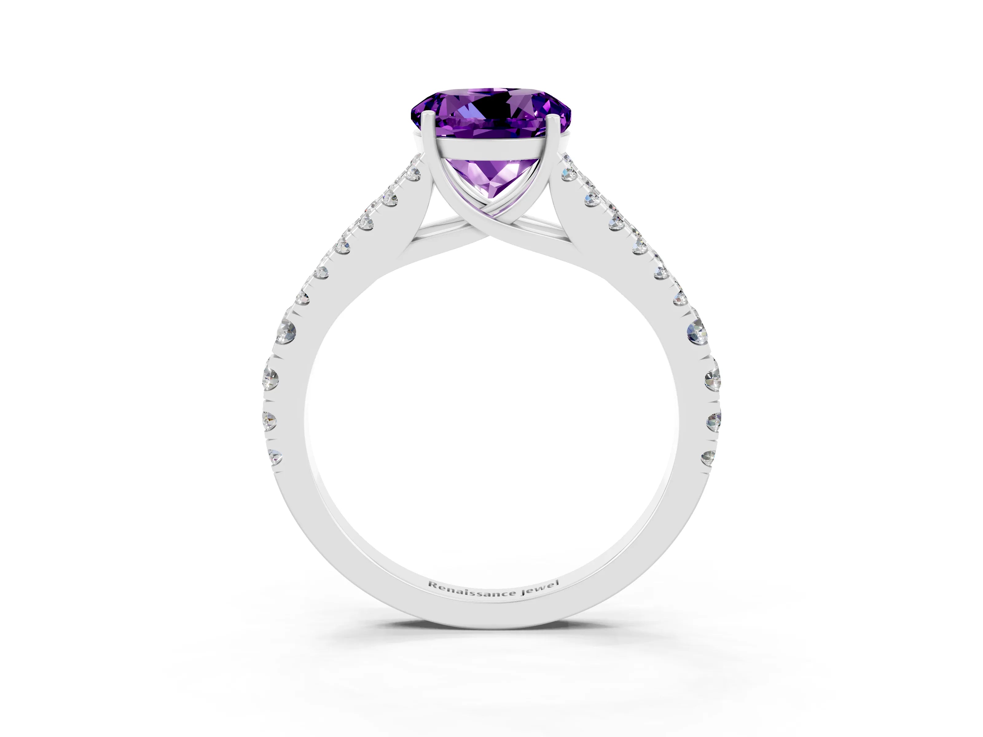White gold Round Cut Amethyst Split Shank Pavé Engagement Ring with Four-Prong Setting_15