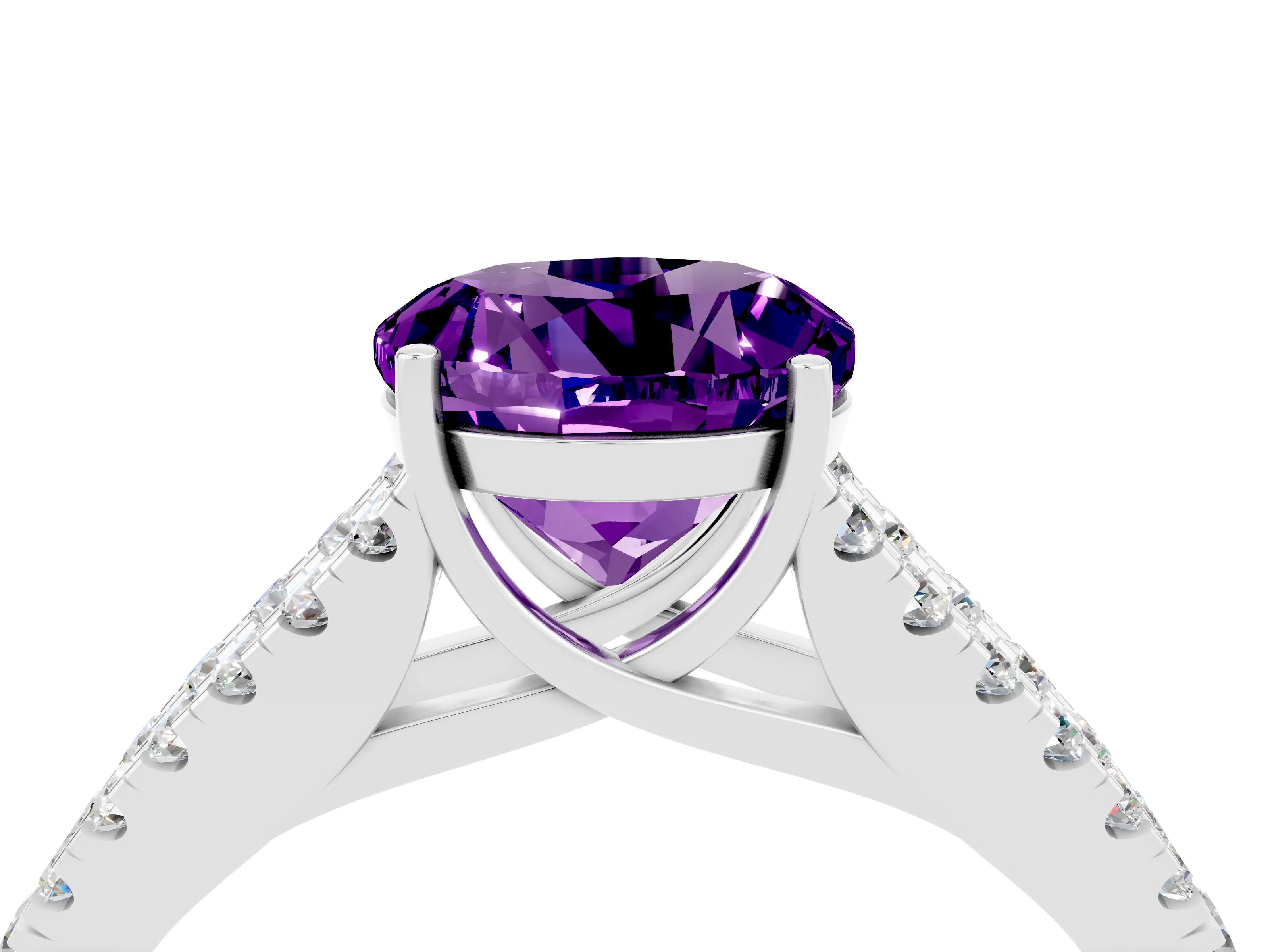 White gold Round Cut Amethyst Split Shank Pavé Engagement Ring with Four-Prong Setting_16