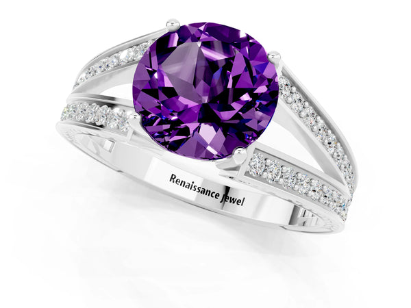 Silver Round Cut Amethyst Split Shank Ring with Pavé Band and Four-Prong Setting