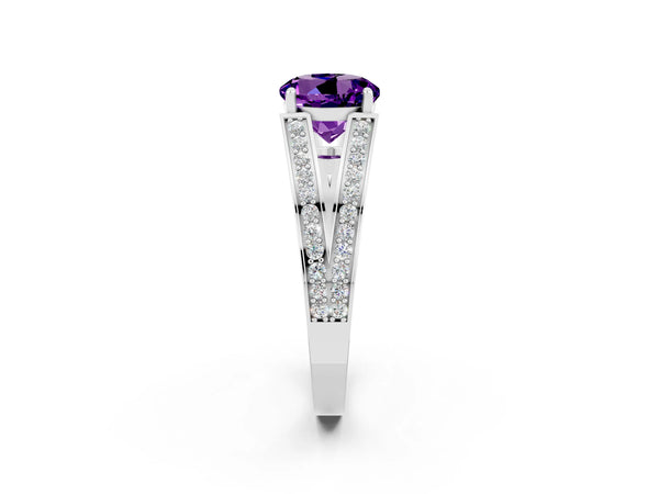White gold Round Cut Amethyst Split Shank Ring with Pavé Band and Four-Prong Setting