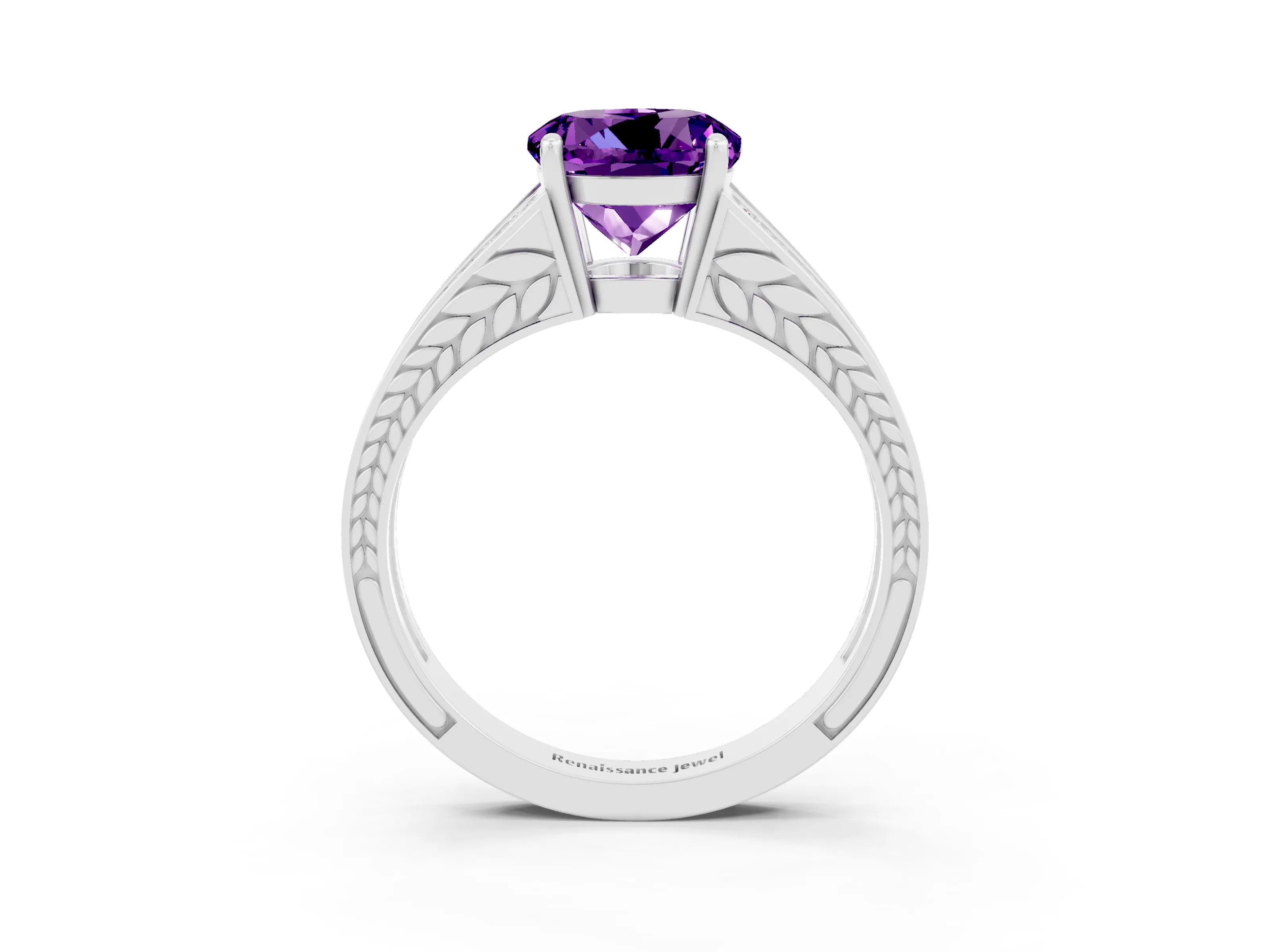 White gold Round Cut Amethyst Split Shank Ring with Pavé Band and Four-Prong Setting_3