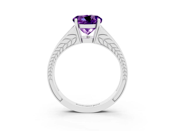 Platinum Round Cut Amethyst Split Shank Ring with Pavé Band and Four-Prong Setting