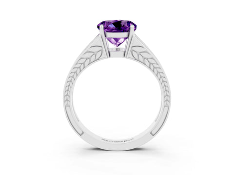 White gold Round Cut Amethyst Split Shank Ring with Pavé Band and Four-Prong Setting_3