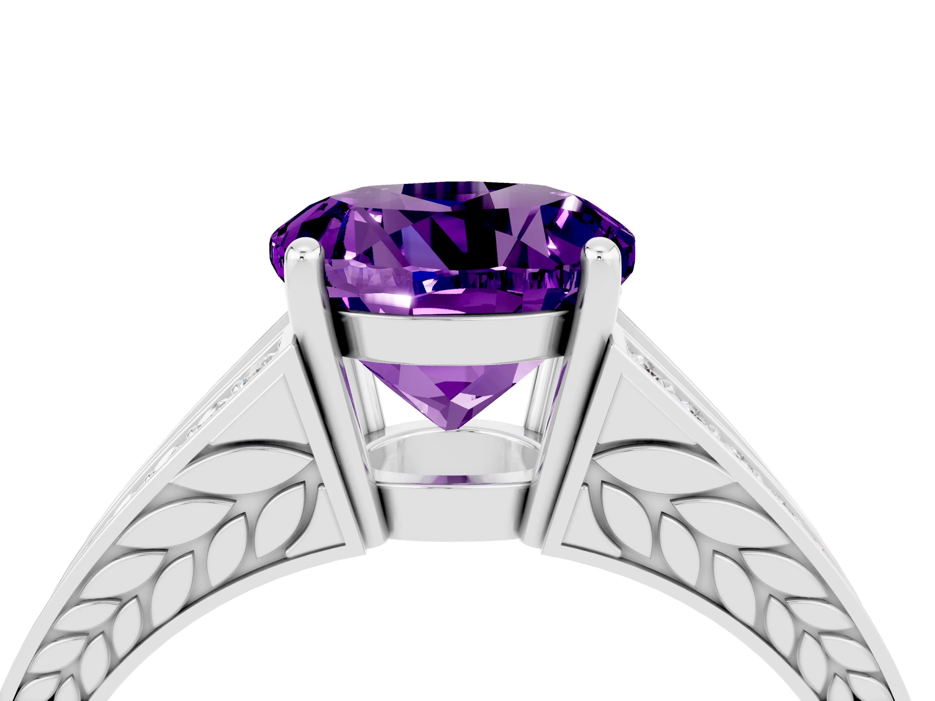 White gold Round Cut Amethyst Split Shank Ring with Pavé Band and Four-Prong Setting_4