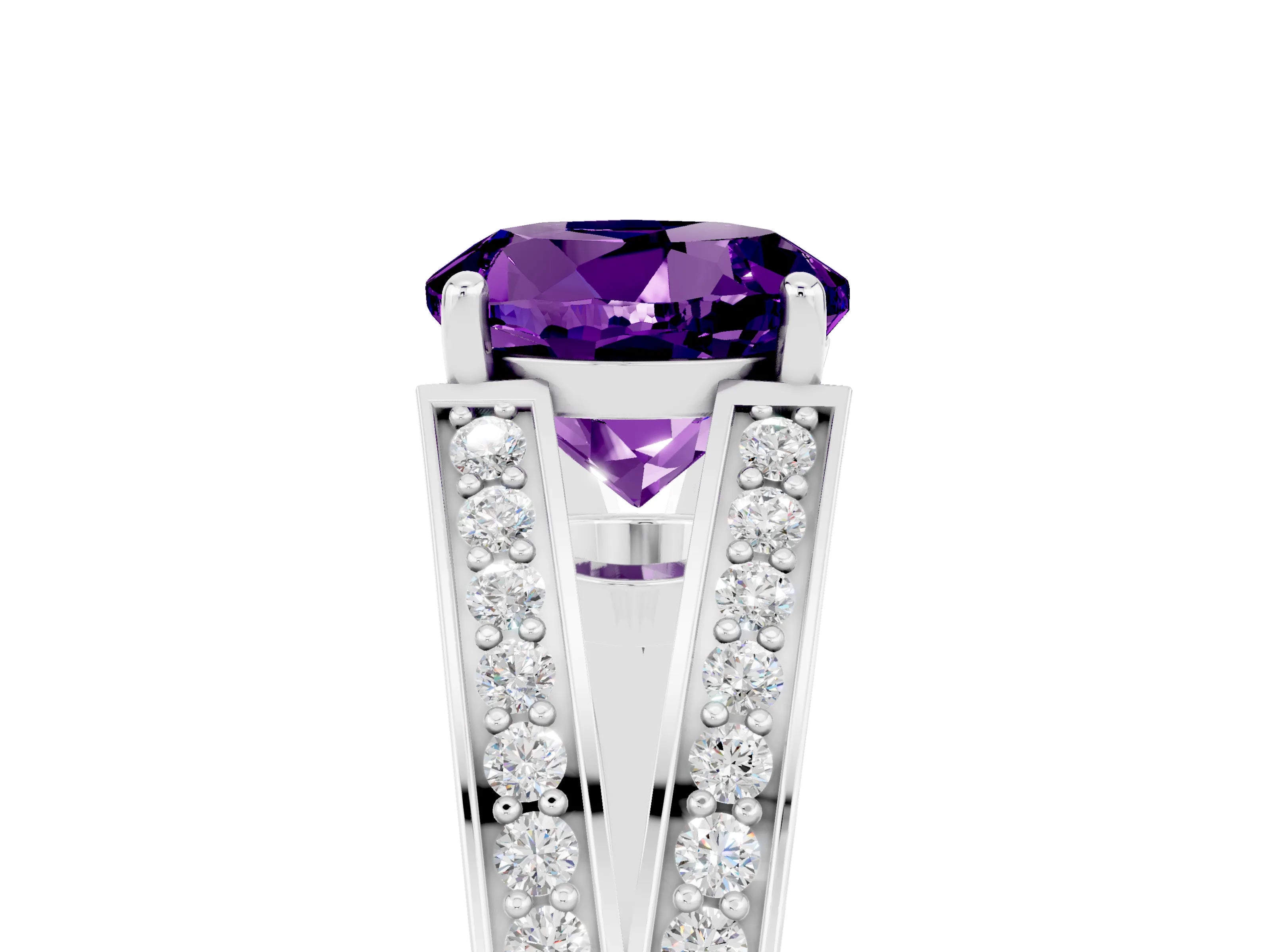 White gold Round Cut Amethyst Split Shank Ring with Pavé Band and Four-Prong Setting_5