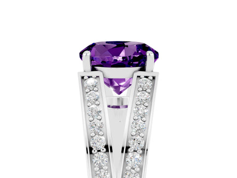 White gold Round Cut Amethyst Split Shank Ring with Pavé Band and Four-Prong Setting_5