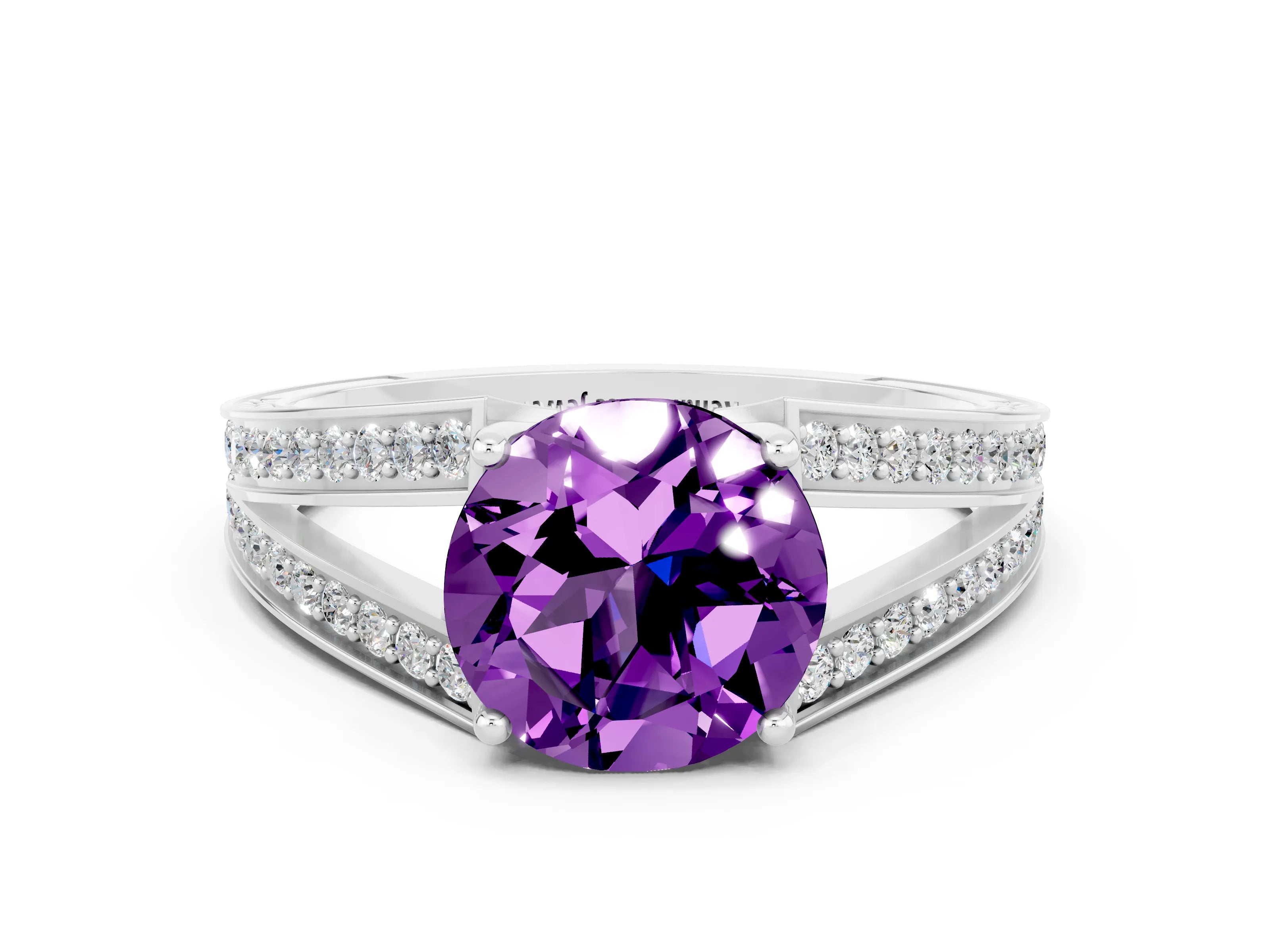 White gold Round Cut Amethyst Split Shank Ring with Pavé Band and Four-Prong Setting
