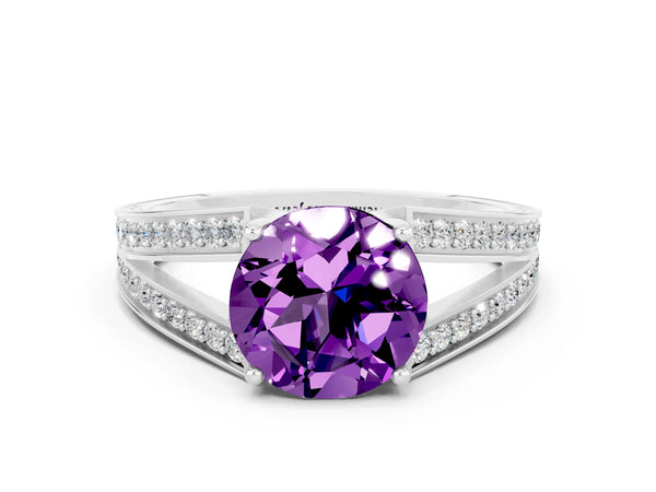 White gold Round Cut Amethyst Split Shank Ring with Pavé Band and Four-Prong Setting
