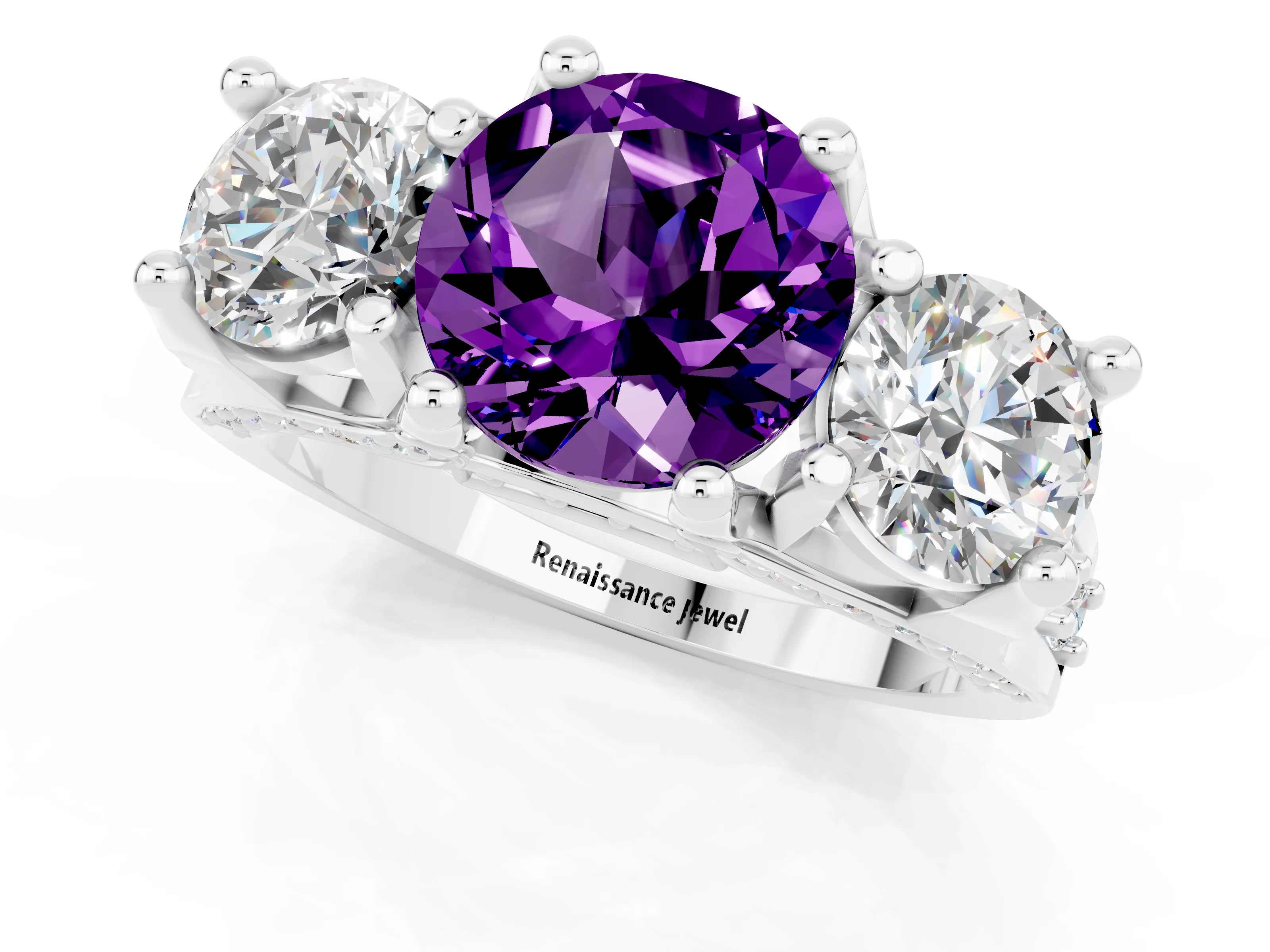 White gold Round Cut Amethyst Three-Stone Ring with Channel Set Band and Four-Prong Setting_1