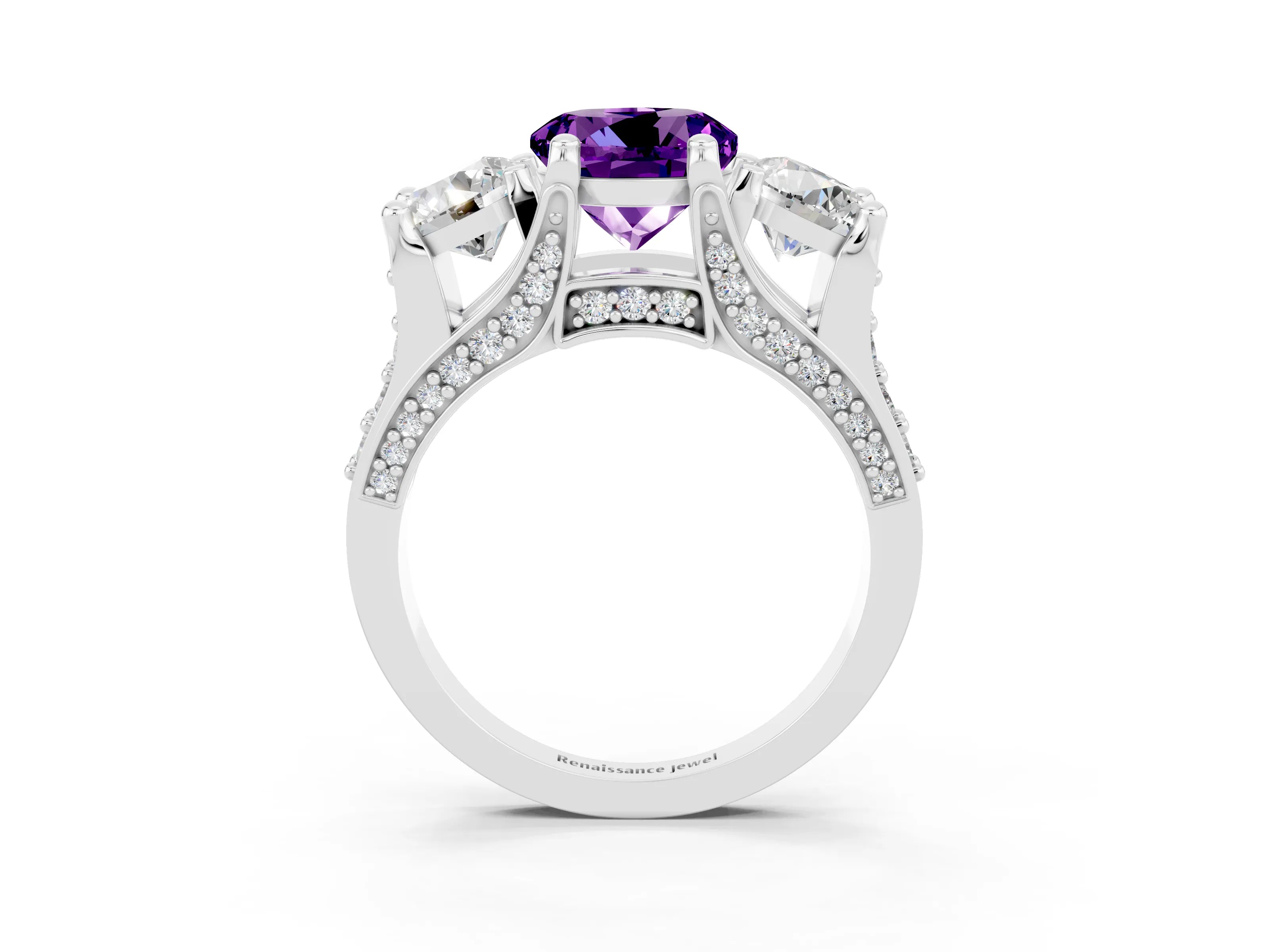 White gold Round Cut Amethyst Three-Stone Ring with Channel Set Band and Four-Prong Setting_3