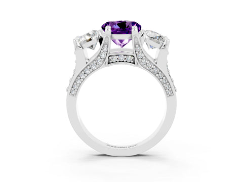 White gold Round Cut Amethyst Three-Stone Ring with Channel Set Band and Four-Prong Setting_3