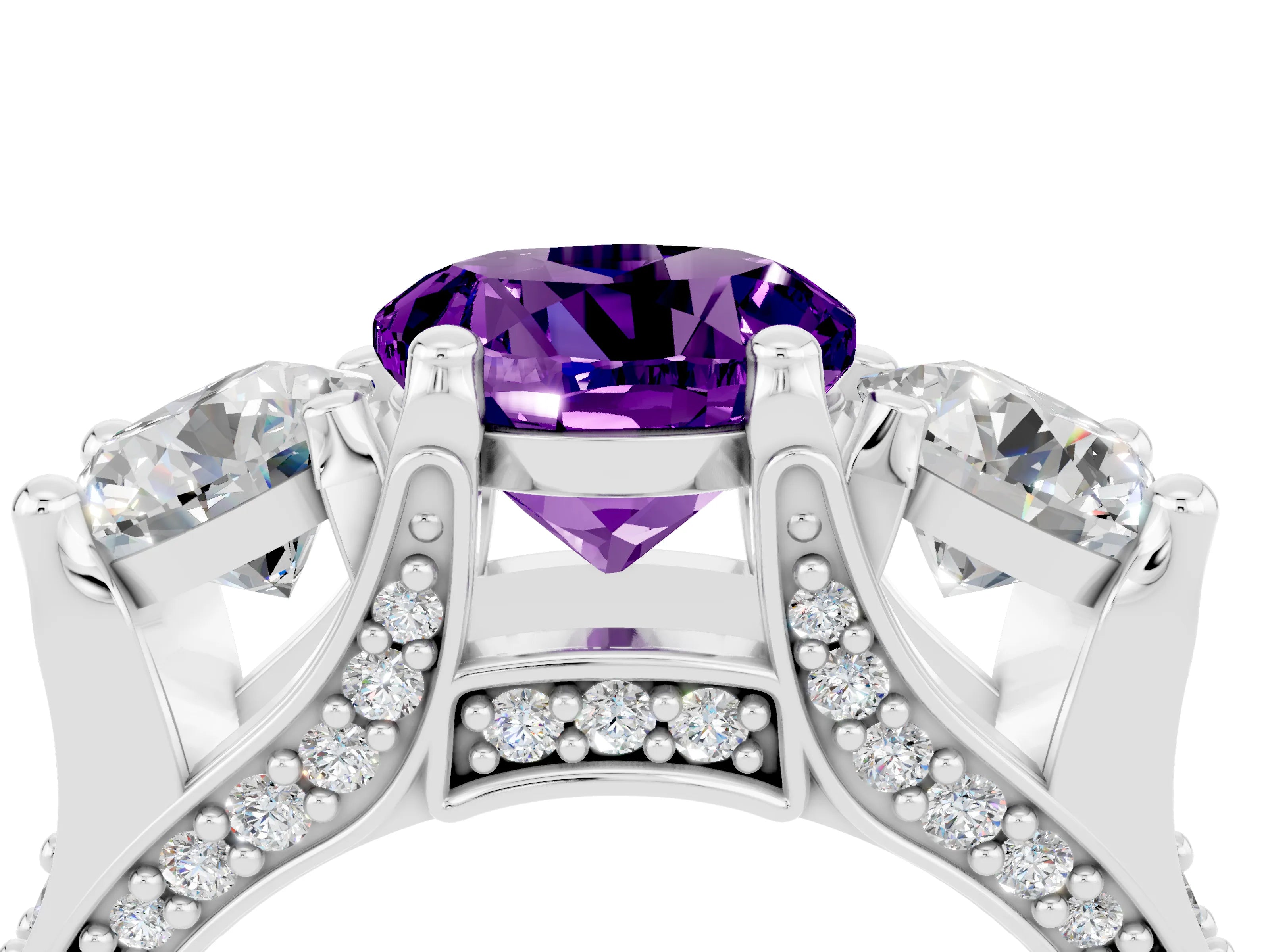 White gold Round Cut Amethyst Three-Stone Ring with Channel Set Band and Four-Prong Setting_4